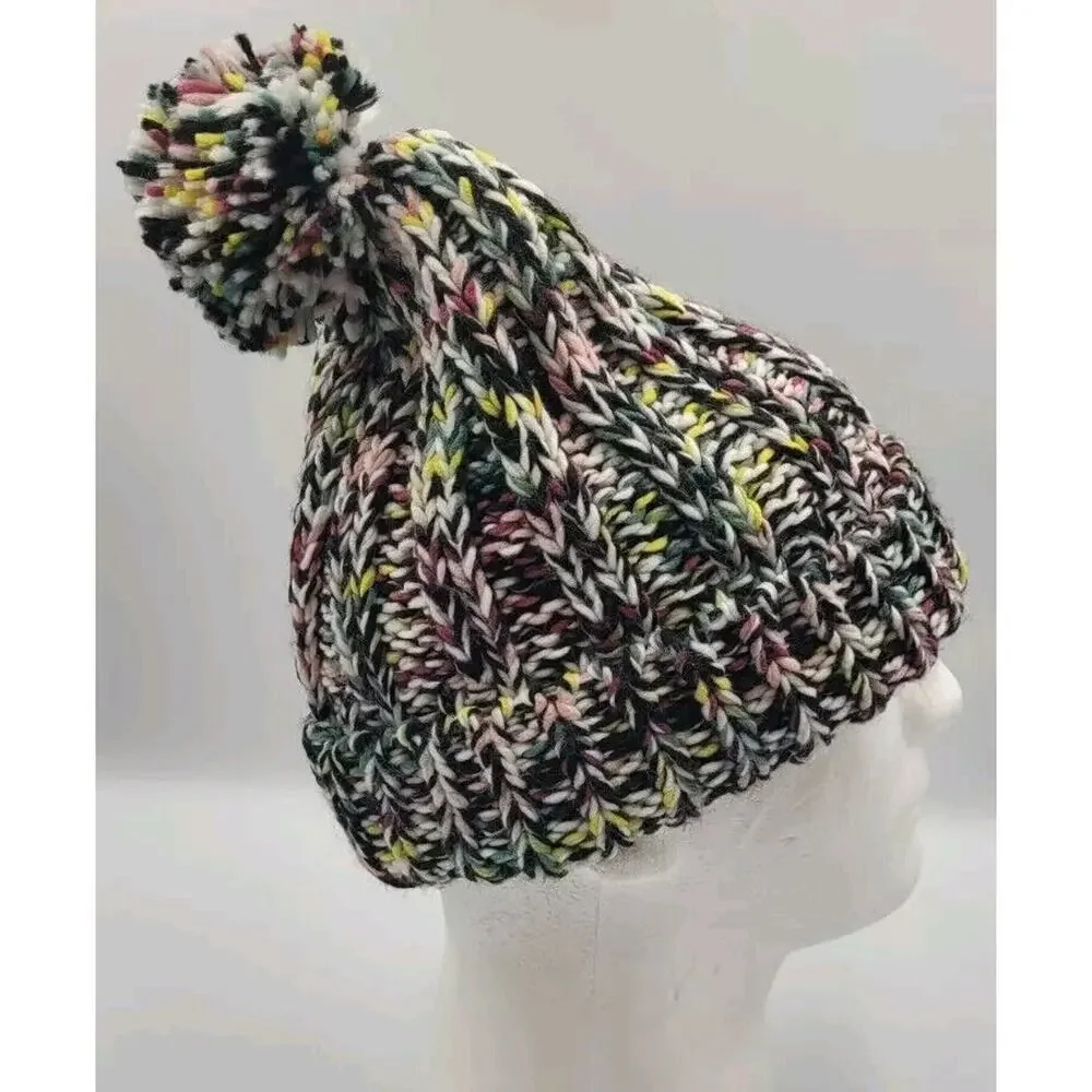 American‎ Eagle Beanie Hat Crochet Pom Multicolor Purple Pink Yellow Black White - Picture 4 of 7